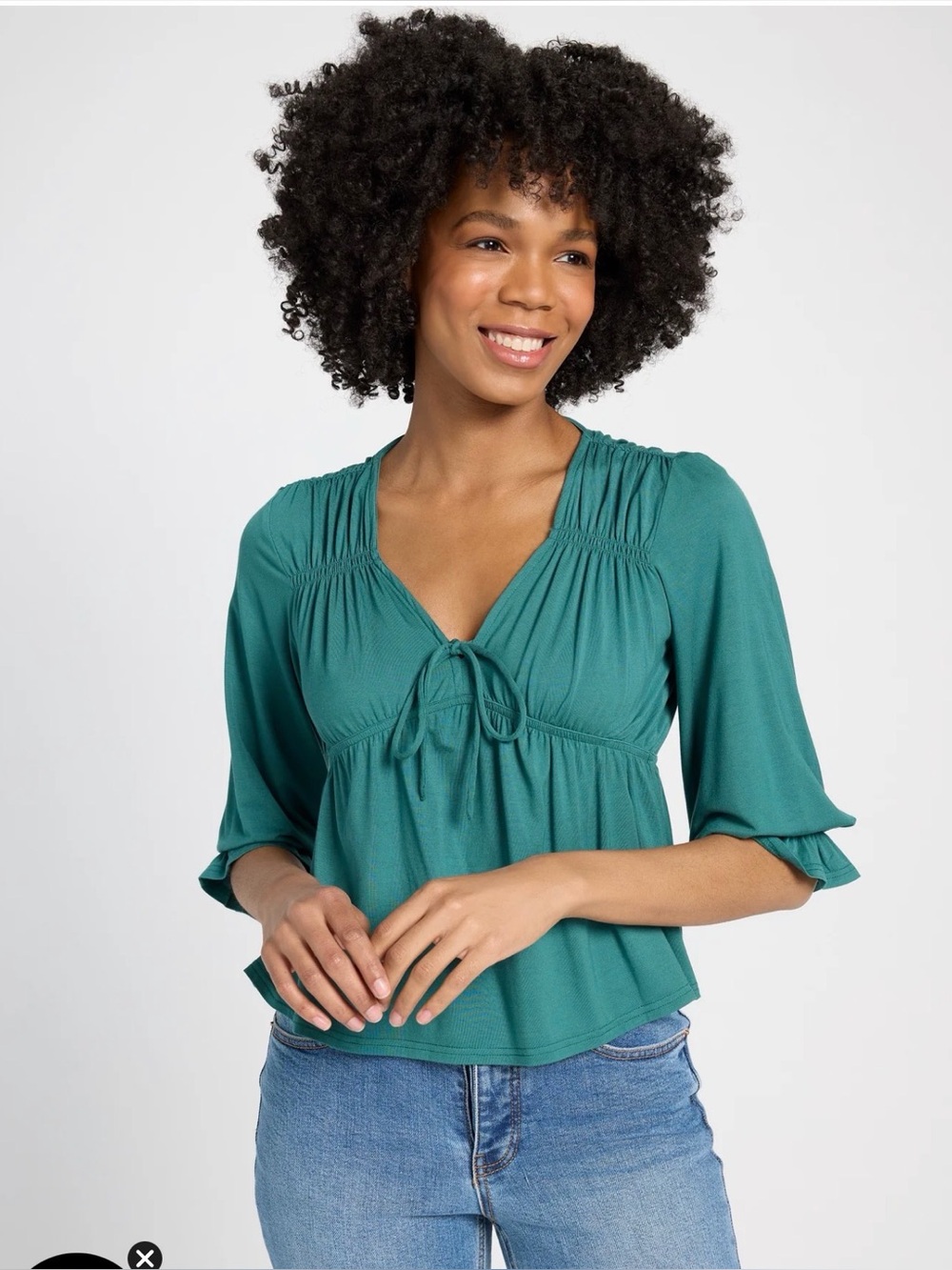 NWT 78 & Sunny Sailwind V-Neck Ruffle Top size M Deep Teal Shirred 3/4 Sleeve